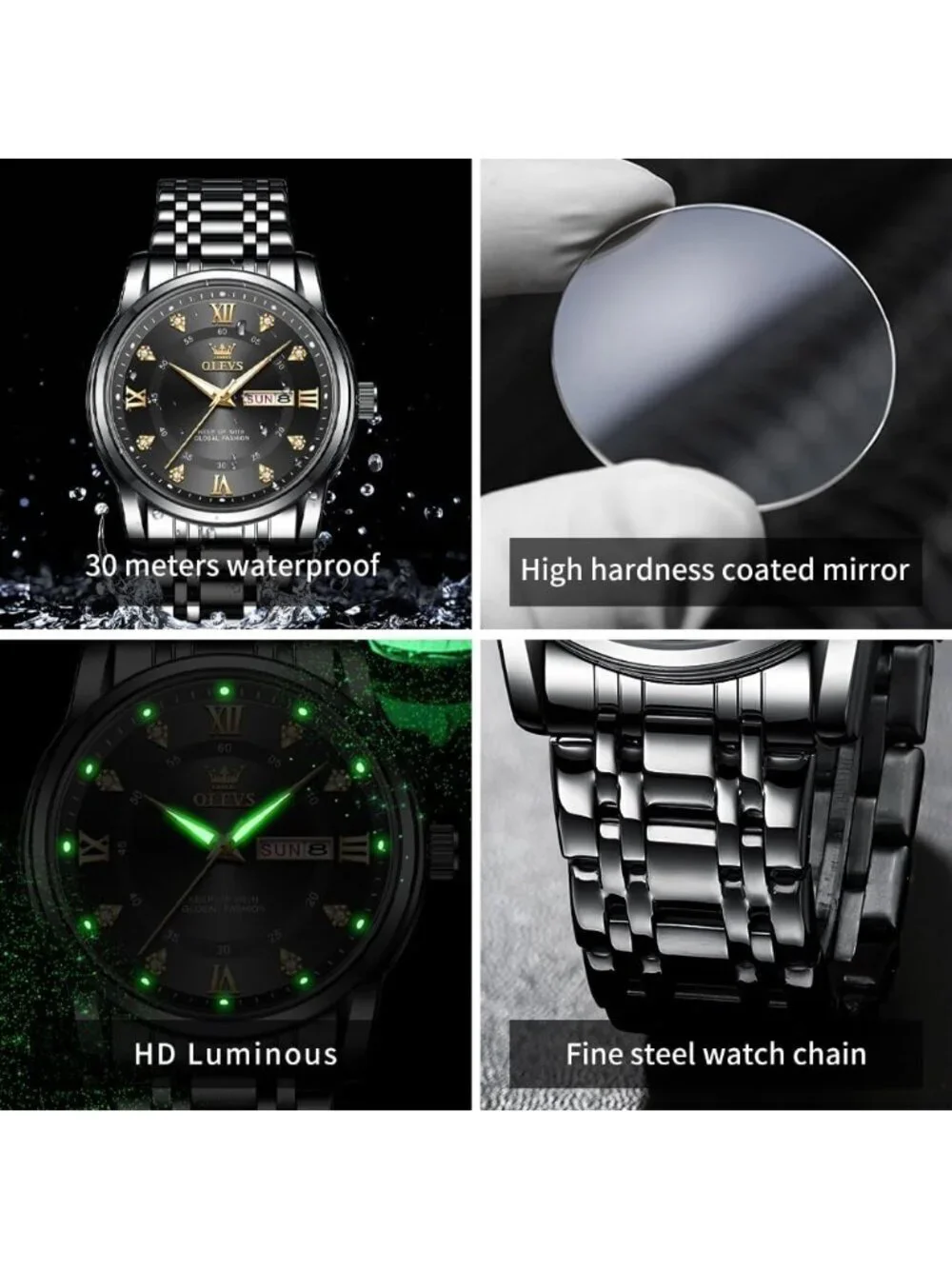 Men's All Black Quartz Stainless Steel Waterproof Luminous Luxury Wooden Watch